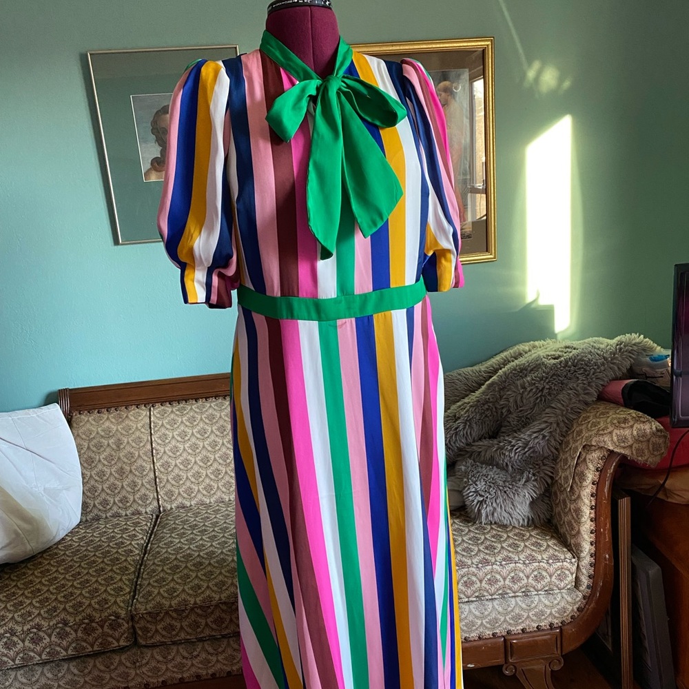 Boden Dress Multi colored stripes with green tie at neck.